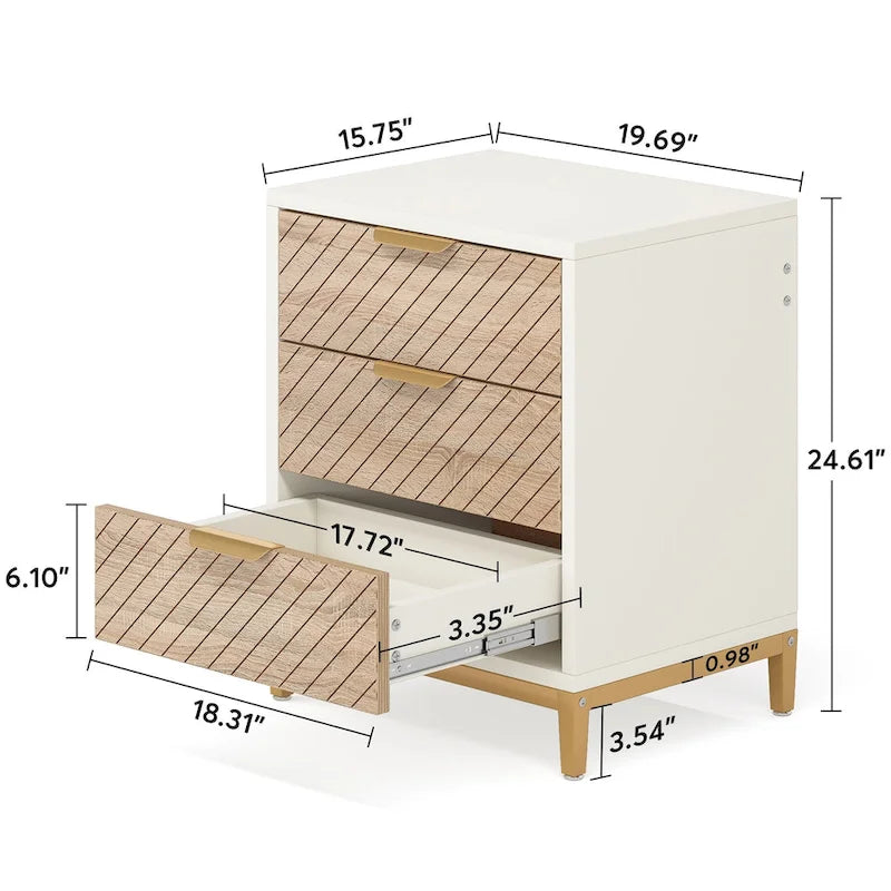 Tables de Chevet Blanches et Dorées pour Chambres, Tables de Nuit à Grain de Bois Clair avec 3 Tiroirs