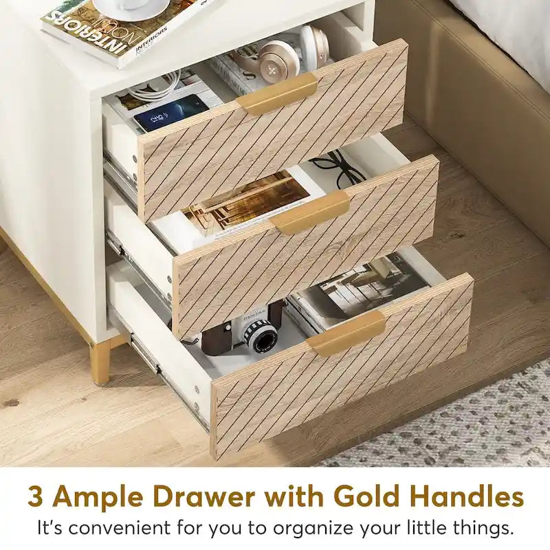Tables de Chevet Blanches et Dorées pour Chambres, Tables de Nuit à Grain de Bois Clair avec 3 Tiroirs