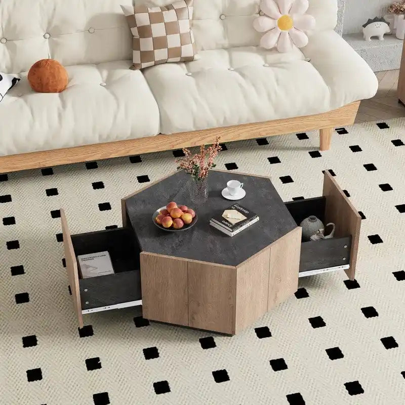 Table basse hexagonale rétro de jardin avec 2 tiroirs