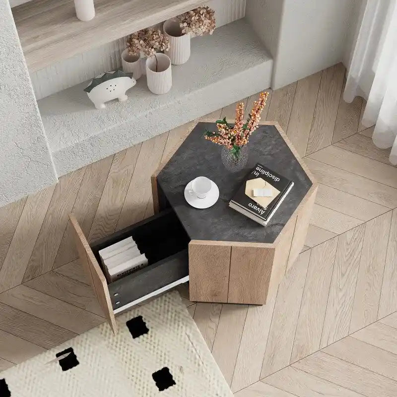 Table basse de jardin hexagonale de style rétro avec 2 tiroirs