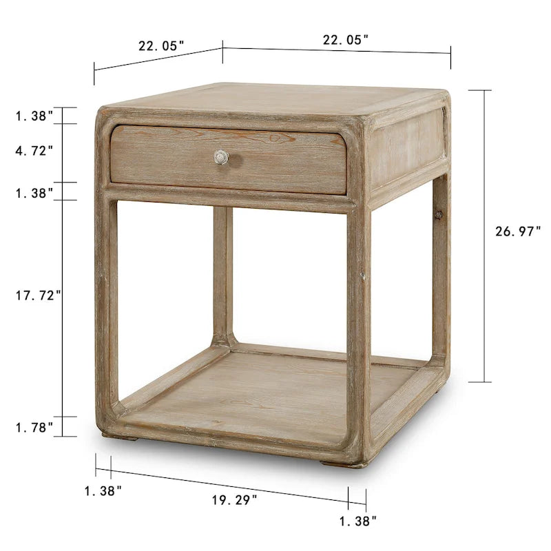 Table d'appoint carrée avec tiroir, 68,5 cm de hauteur, Blanc délavé