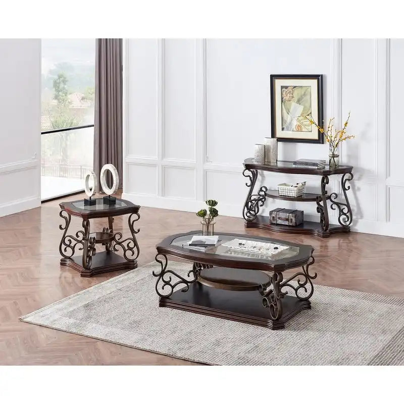 Console de style rétro avec plateau en verre trempé et étagère intermédiaire