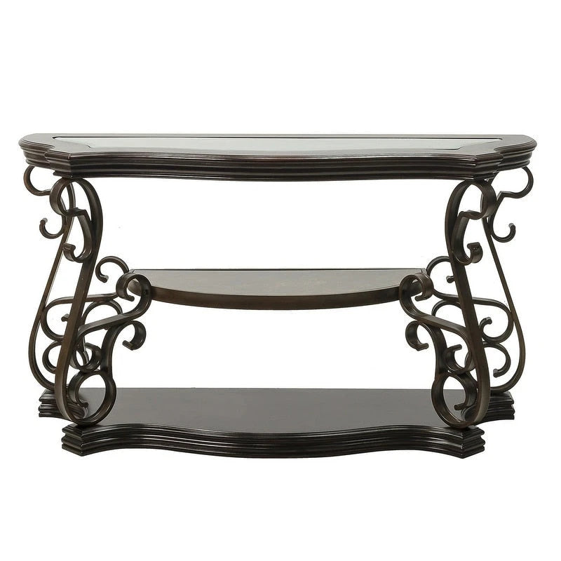 Console de style rétro avec plateau en verre trempé et étagère intermédiaire