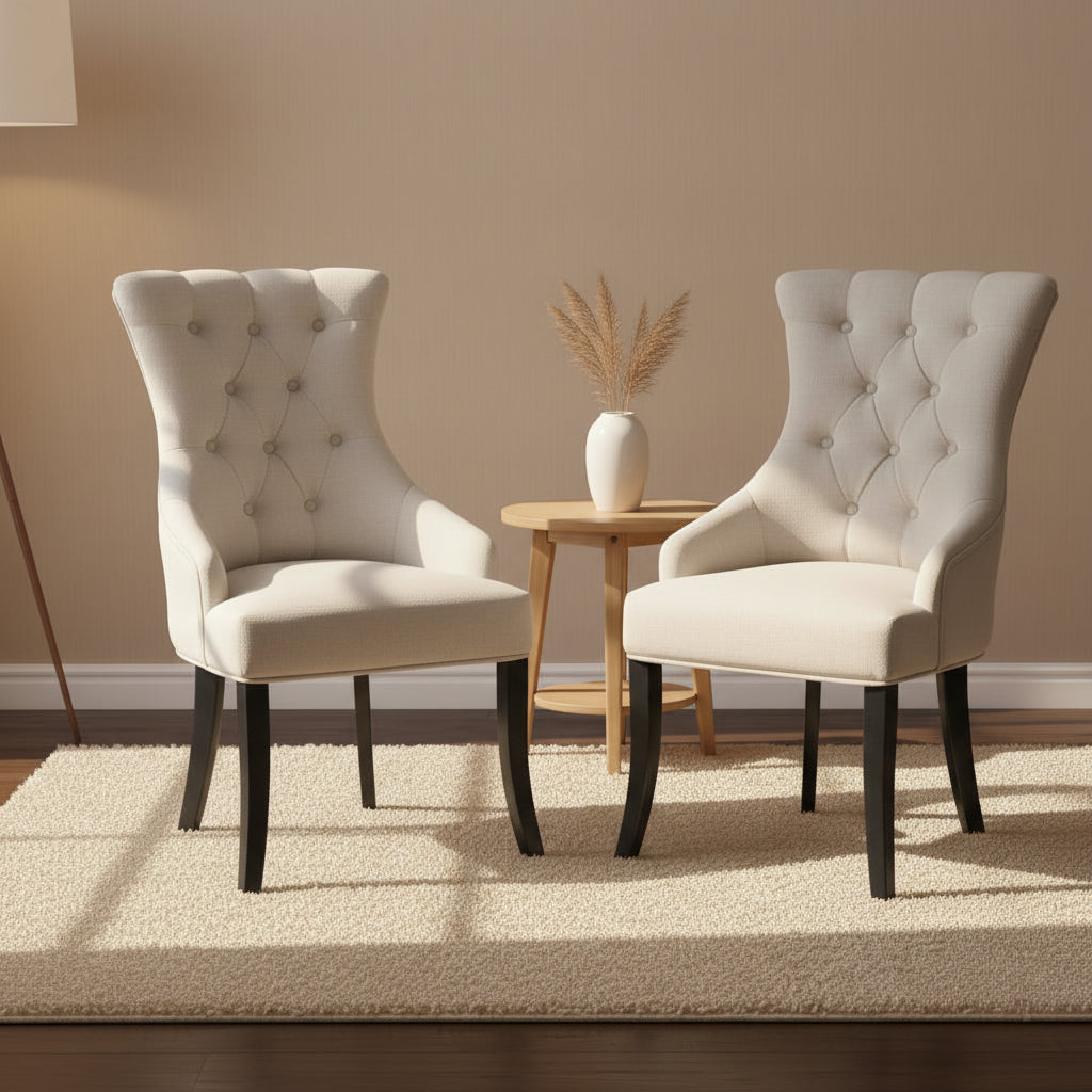 Set of 2 Alei Beige Fabric Dining Chair Wing Chair with Tufted Buttons