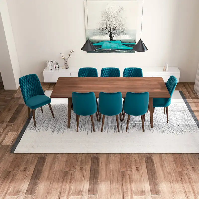 Ensemble de salle à manger rectangulaire 9 pièces Addison Mid-Century avec 8 chaises de salle à manger en velours turquoise