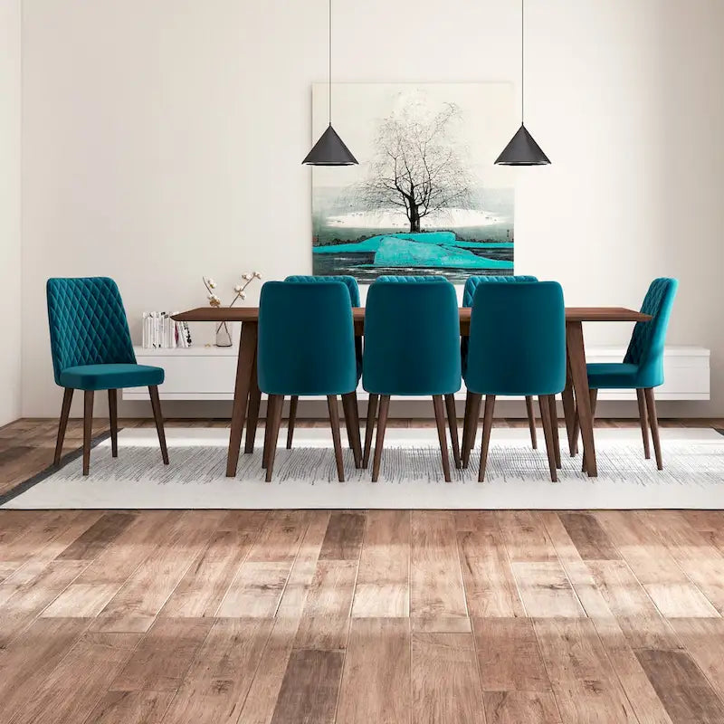 Ensemble de salle à manger rectangulaire 9 pièces Addison Mid-Century avec 8 chaises de salle à manger en velours turquoise
