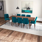 Ensemble de salle à manger rectangulaire 9 pièces Addison Mid-Century avec 8 chaises de salle à manger en velours turquoise