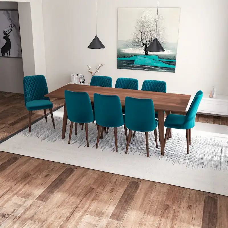 Ensemble de salle à manger rectangulaire 9 pièces Addison Mid-Century avec 8 chaises de salle à manger en velours turquoise