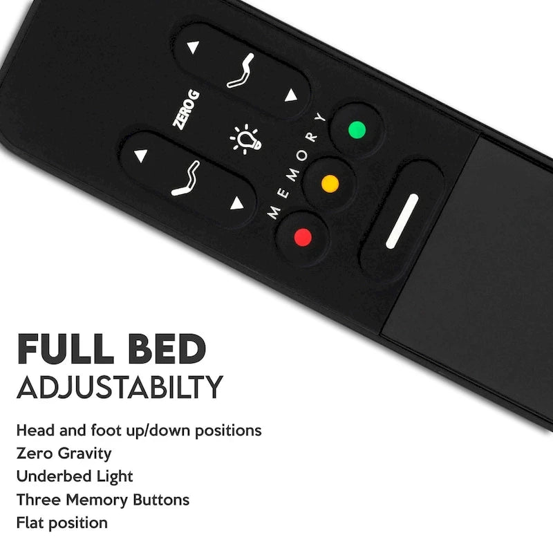 Sommier réglable avec tête de lit, télécommande sans fil, position zéro gravité, éclairage sous le lit, gris