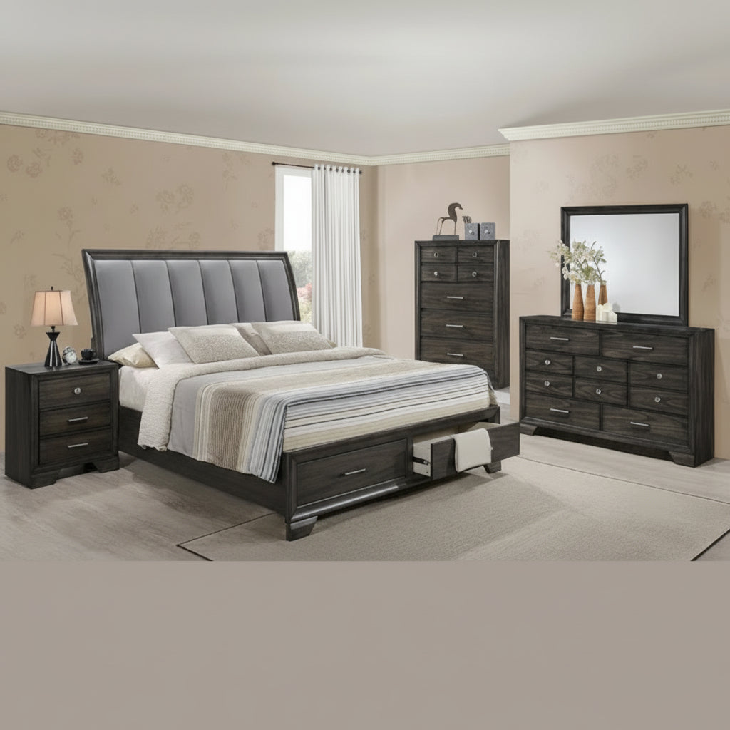 Ayla 5 Piece Gray Storage Fabric Platform Bedroom Set