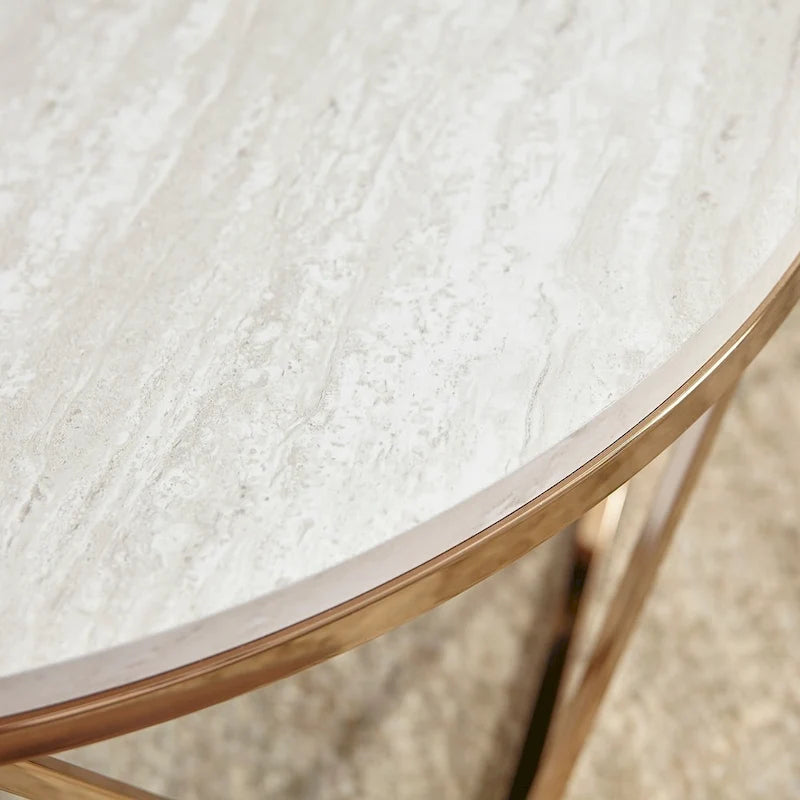 Table basse ronde moderne en similicuir marbre avec piètement géométrique doré