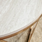 Table basse ronde moderne en similicuir marbre avec piètement géométrique doré