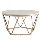 Table basse ronde moderne en similicuir marbre avec piètement géométrique doré