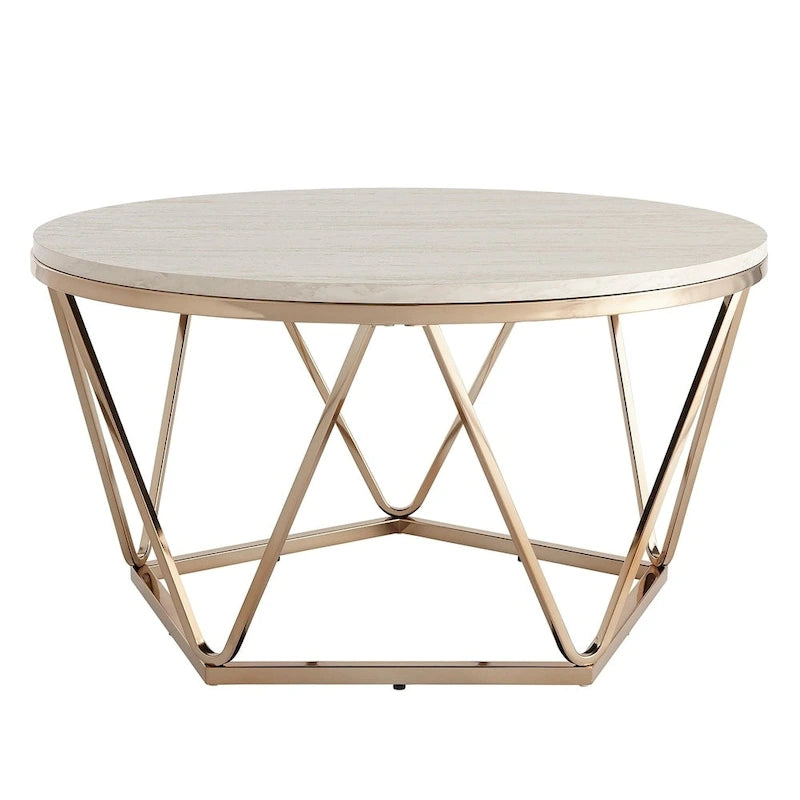 Table basse ronde moderne en similicuir marbre avec piètement géométrique doré