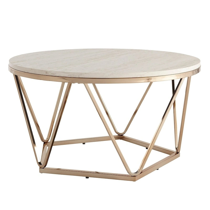 Table basse ronde moderne en similicuir marbre avec piètement géométrique doré