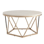 Table basse ronde moderne en similicuir marbre avec piètement géométrique doré