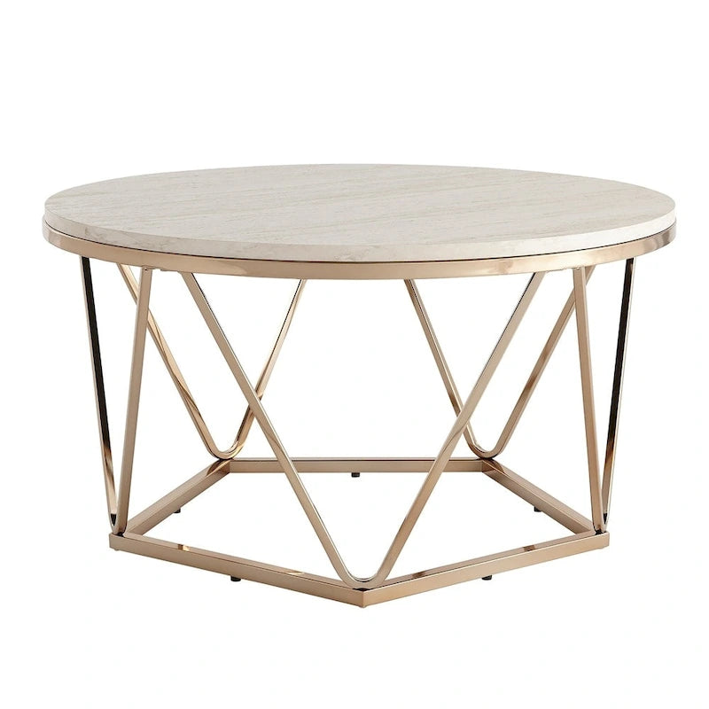 Table basse ronde moderne en similicuir marbre avec piètement géométrique doré