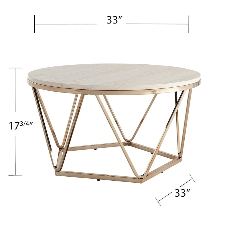 Table basse ronde moderne en similicuir marbre avec piètement géométrique doré