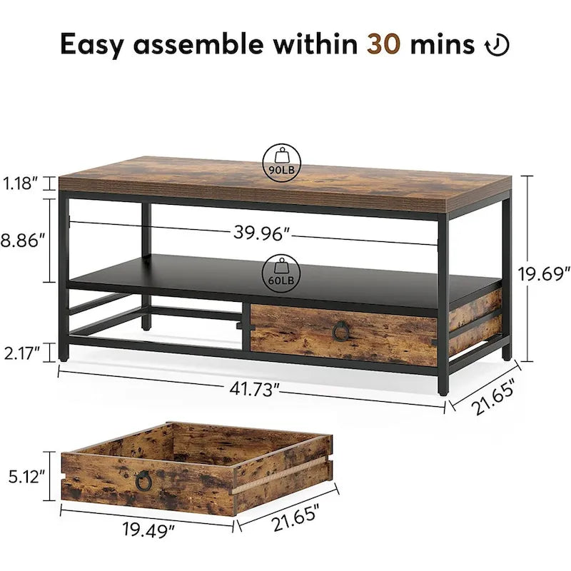 Table Basse Mid-Century avec Rangement Ouvert et Meuble pour Salon