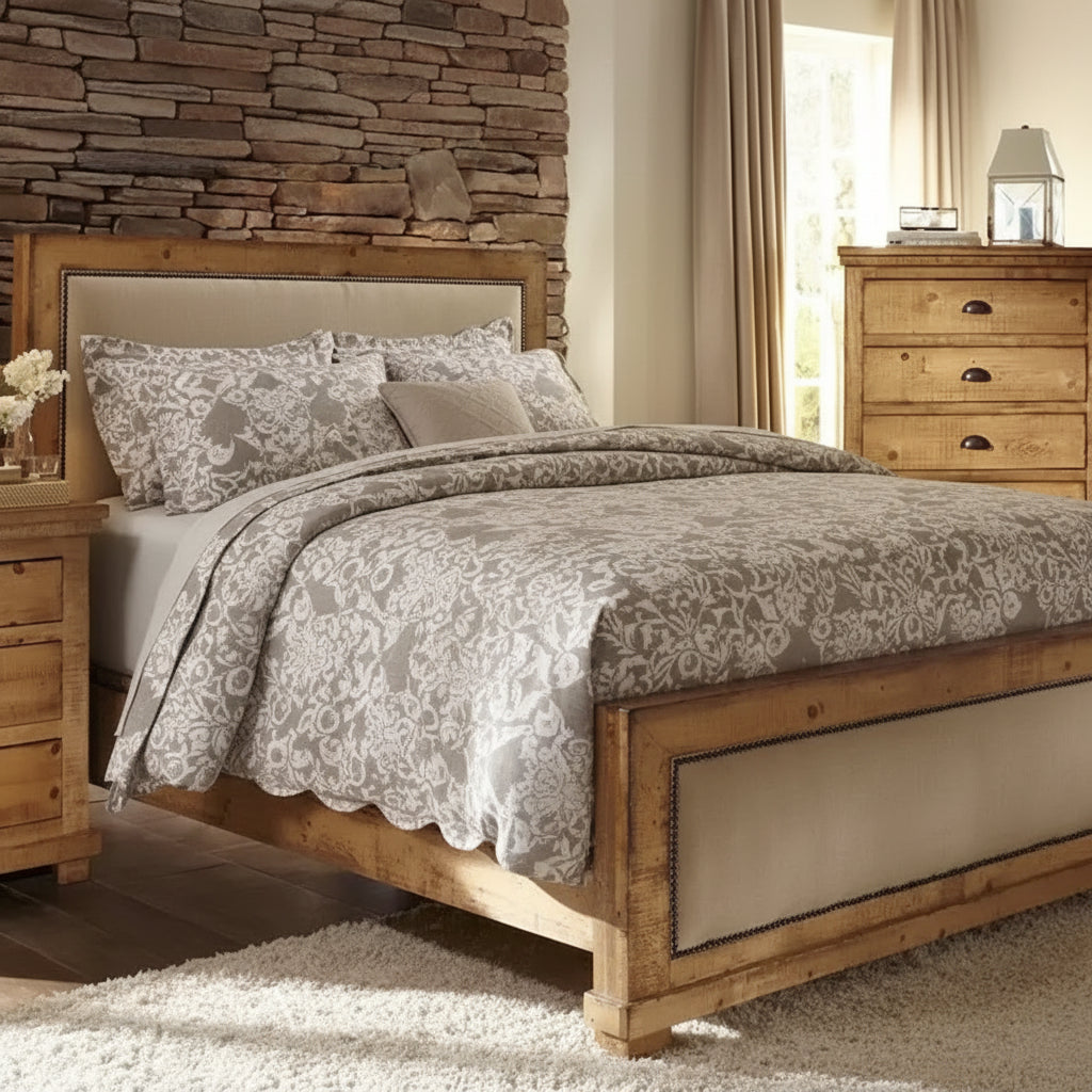 Willow Distressed Upholstered Pine Bed