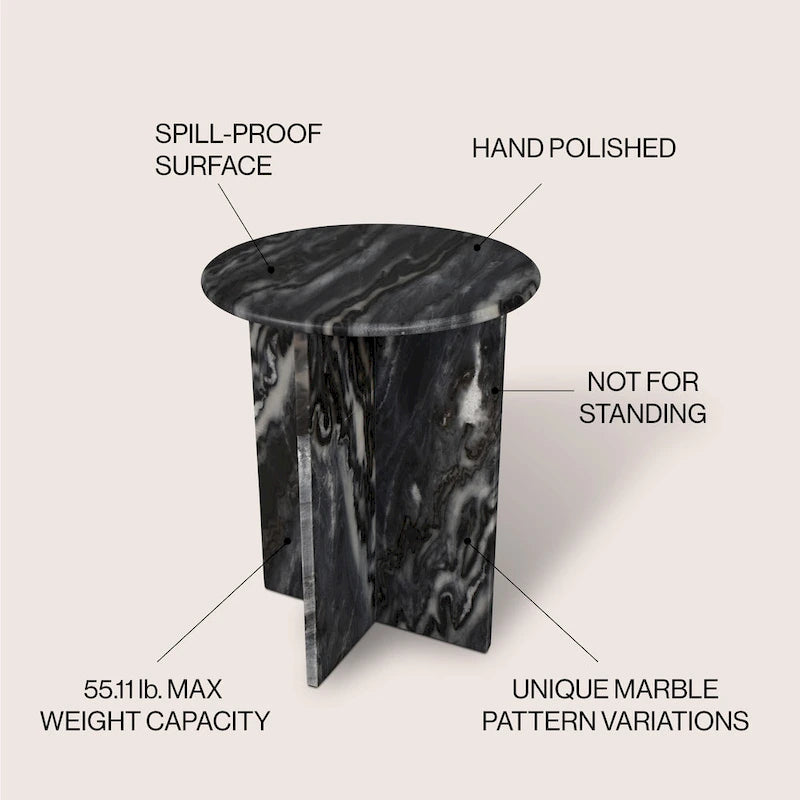 Table d'appoint en marbre naturel contemporain faite à la main en forme de X de 17,75