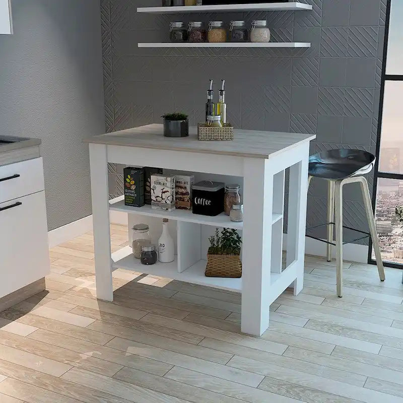 Îlot de cuisine antibactérien Dozza, trois étagères, finition gris clair/blanc