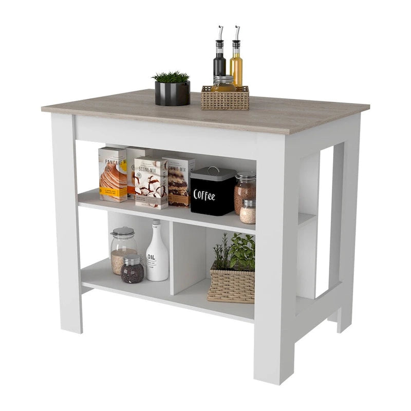 Îlot de cuisine antibactérien Dozza, trois étagères, finition gris clair/blanc