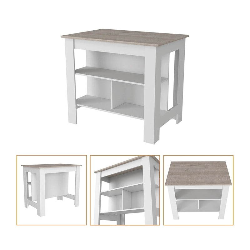 Îlot de cuisine antibactérien Dozza, trois étagères, finition gris clair/blanc