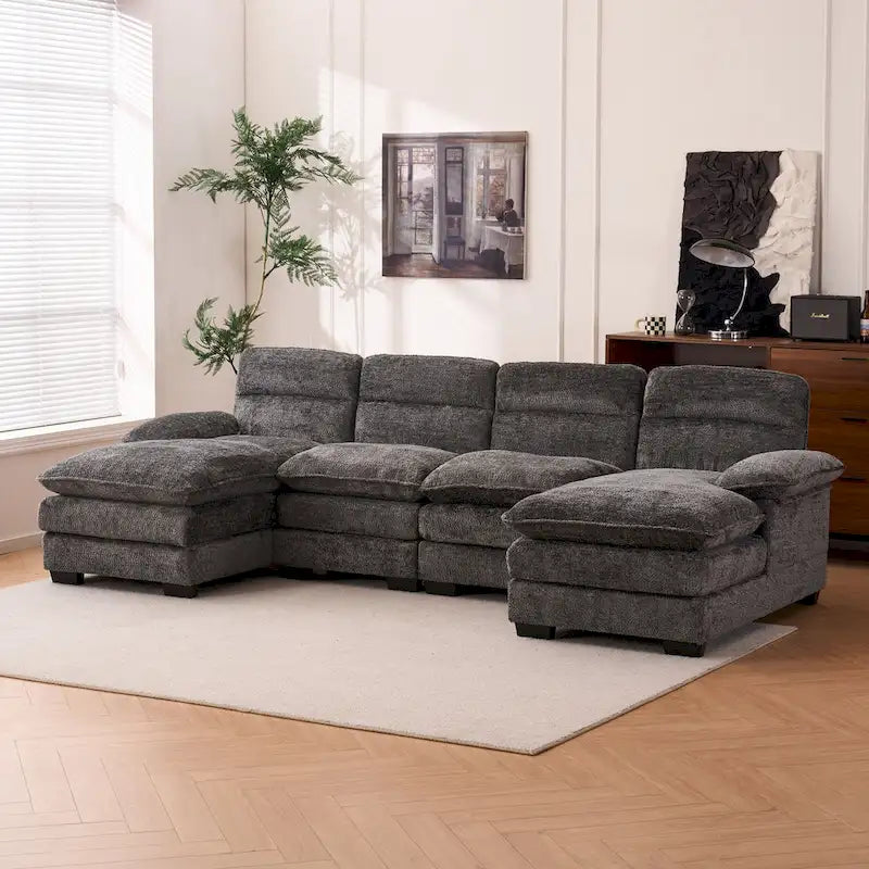 U-shaped profile sofa, including two single seats and two chaise, modular sofa, Chenille sofa