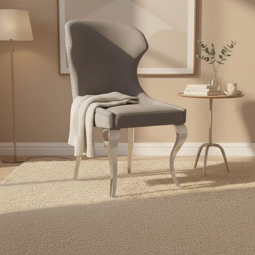 Cian 22 Inch Dining Chair, Curved, Cabriole Legs, Gray Velvet, Set of 2