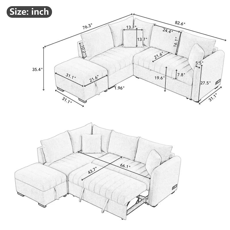 Canapé-lit d'angle en L avec couchage escamotable, prises USB et secteur, beige