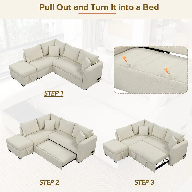 Canapé-lit d'angle en L avec couchage escamotable, prises USB et secteur, beige