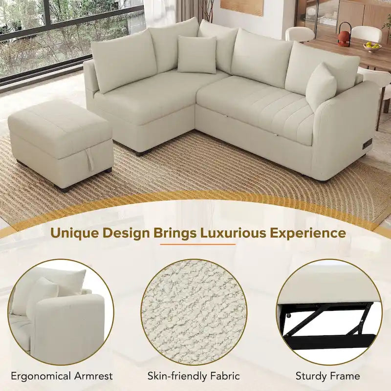 Canapé-lit d'angle en L avec couchage escamotable, prises USB et secteur, beige