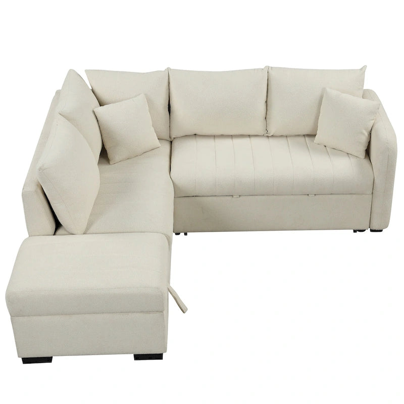Canapé-lit d'angle en L avec couchage escamotable, prises USB et secteur, beige