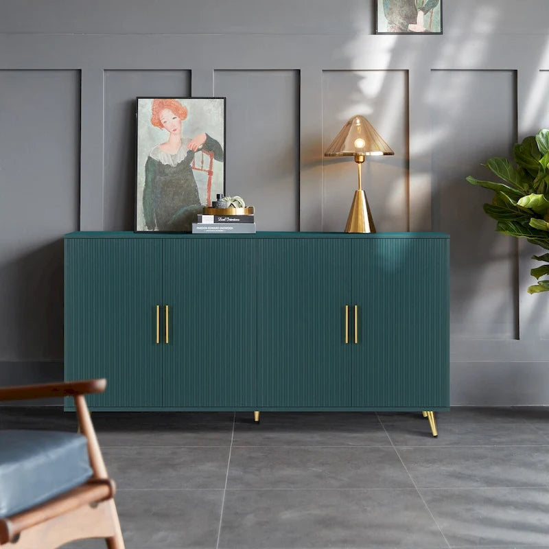 Meuble TV en bois avec armoire de rangement et étagères réglables, bleu marine