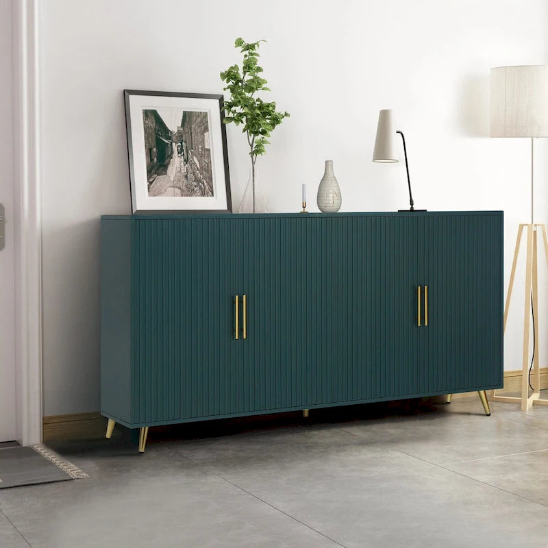 Meuble TV en bois avec armoire de rangement et étagères réglables, bleu marine