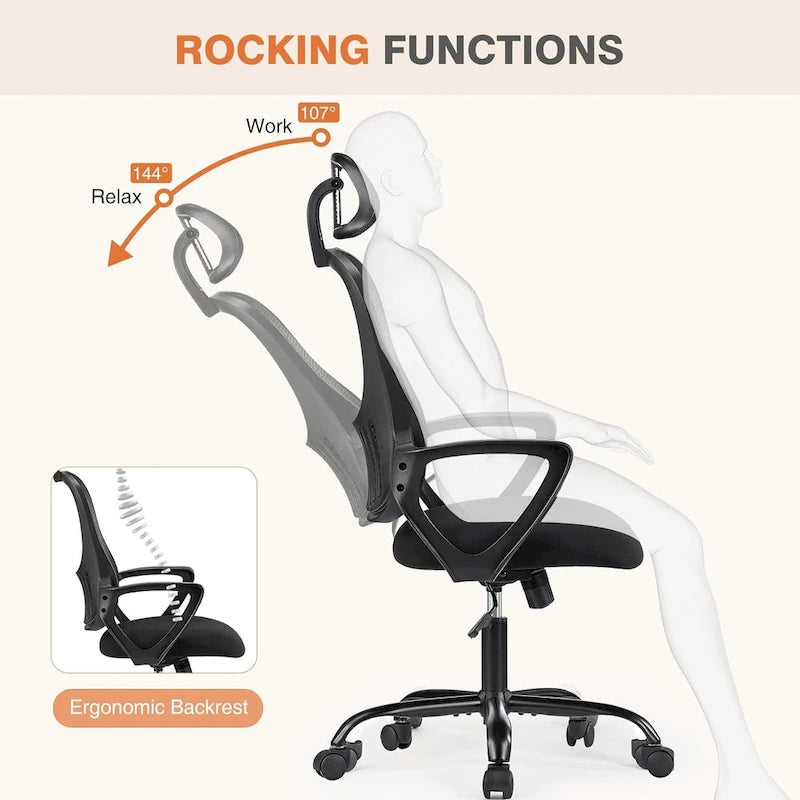Chaise de bureau ergonomique, Chaise de bureau à dossier haut avec appuie-tête, Chaise d'ordinateur pivotante en maille pour bureau à domicile