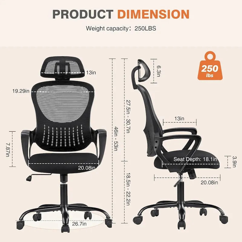 Chaise de bureau ergonomique, Chaise de bureau à dossier haut avec appuie-tête, Chaise d'ordinateur pivotante en maille pour bureau à domicile