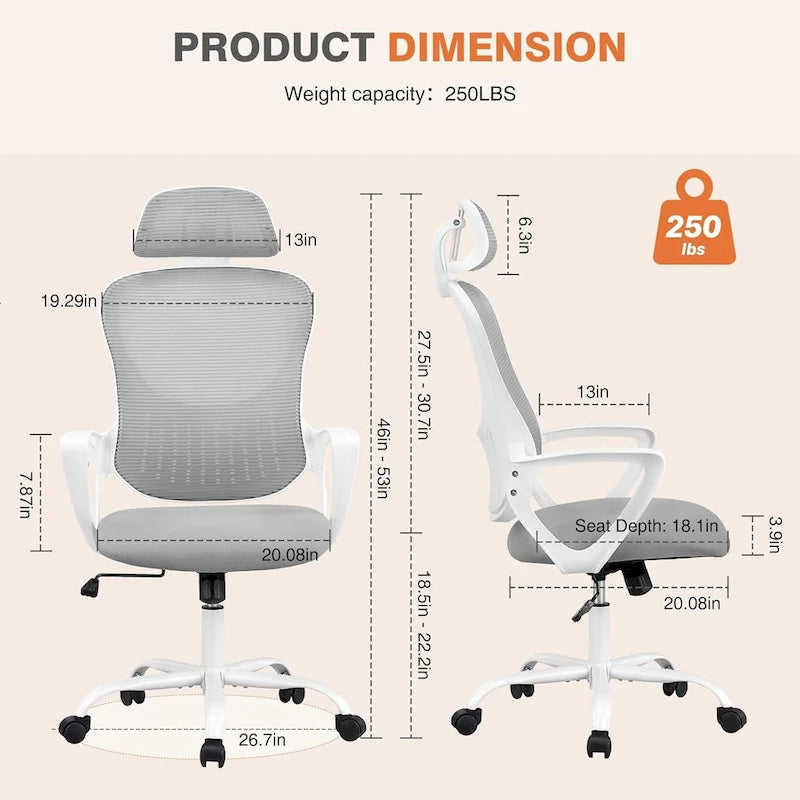 Chaise de bureau ergonomique, Chaise de bureau à dossier haut avec appuie-tête, Chaise d'ordinateur pivotante en maille pour bureau à domicile