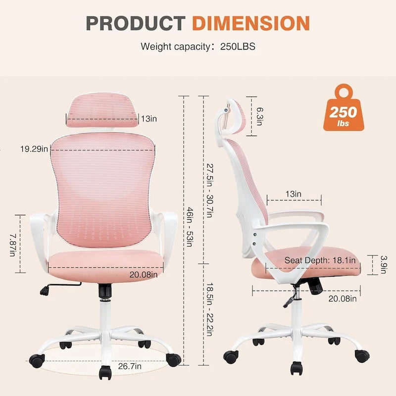 Chaise de bureau ergonomique, Chaise de bureau à dossier haut avec appuie-tête, Chaise d'ordinateur pivotante en maille pour bureau à domicile