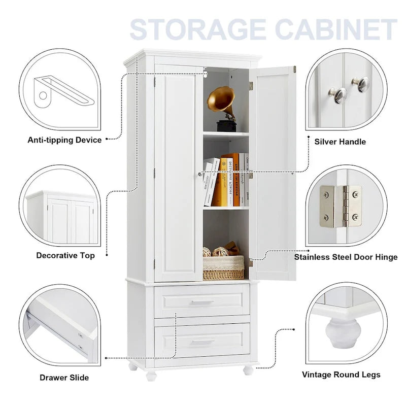 Meuble de rangement haut de cuisine blanc avec deux tiroirs pour salle de bain, bureau