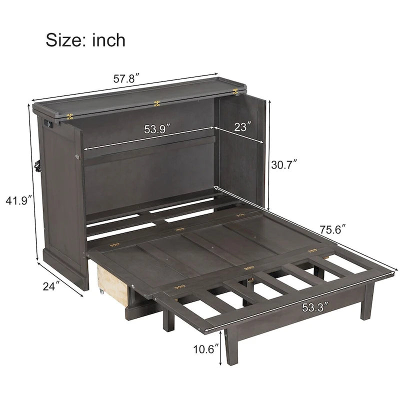 Lit escamotable en pin massif avec station de recharge et grand tiroir de rangement pour petite pièce, double