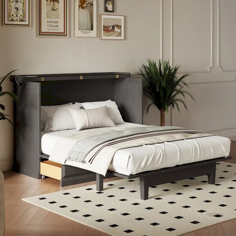 Lit escamotable en pin massif avec station de recharge et grand tiroir de rangement pour petite pièce, double