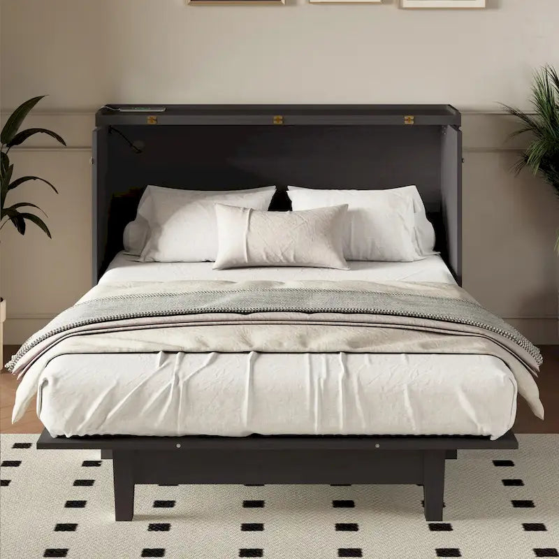 Lit escamotable en pin massif avec station de recharge et grand tiroir de rangement pour petite pièce, double