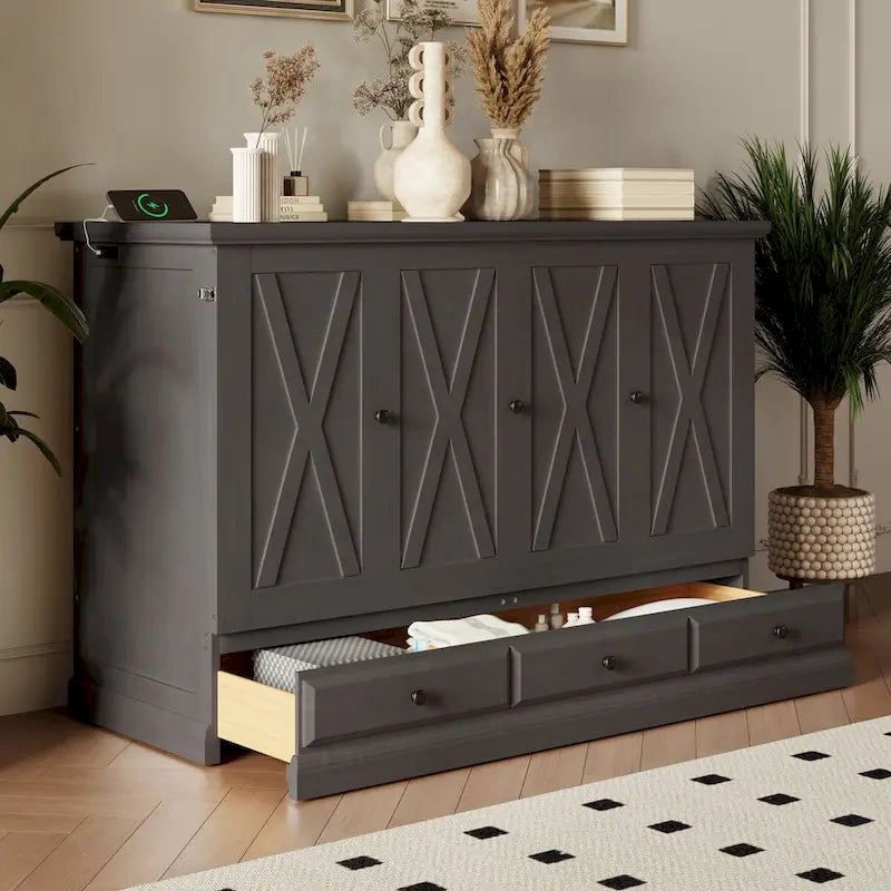 Lit escamotable en pin massif avec station de recharge et grand tiroir de rangement pour petite pièce, double