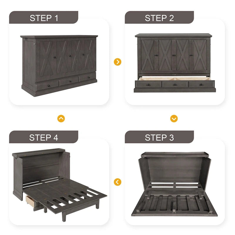 Lit escamotable en pin massif avec station de recharge et grand tiroir de rangement pour petite pièce, double